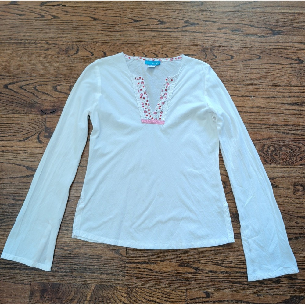 dELiA*s Floral V-Neck White Bell Sleeve Blouse Sz M Y2K 90s Cottagecore Fairy